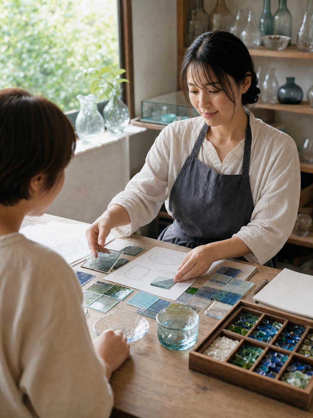 色見本やサンプルを前に相談している様子（縦位置）