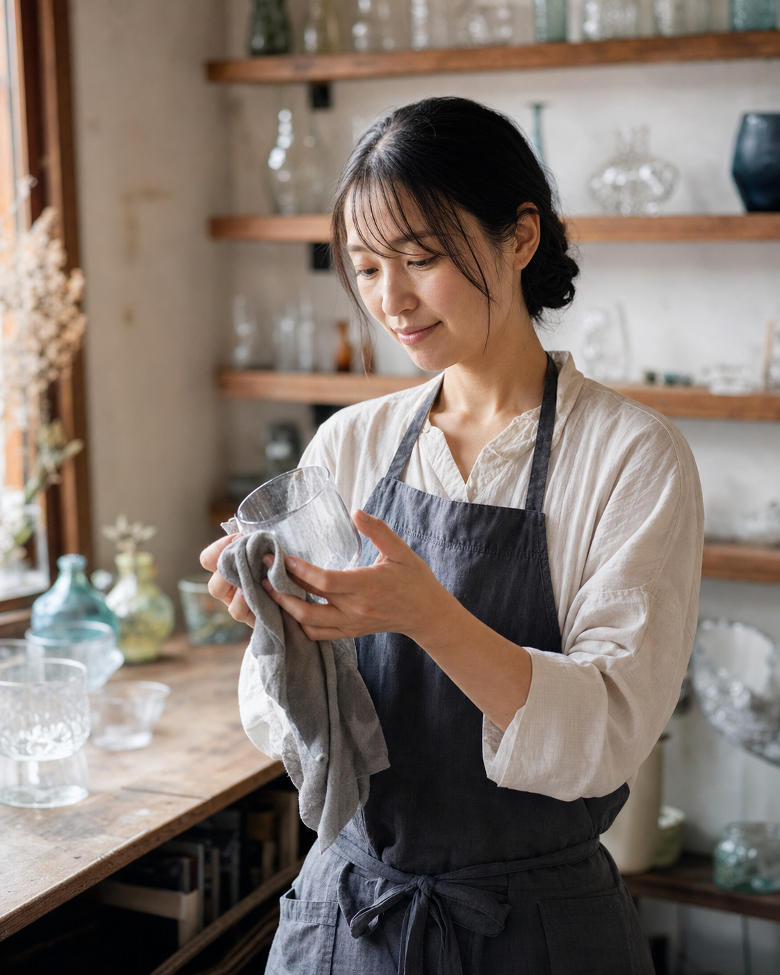 作業中の店主 月島灯里さん（やわらかな自然光・縦位置）
